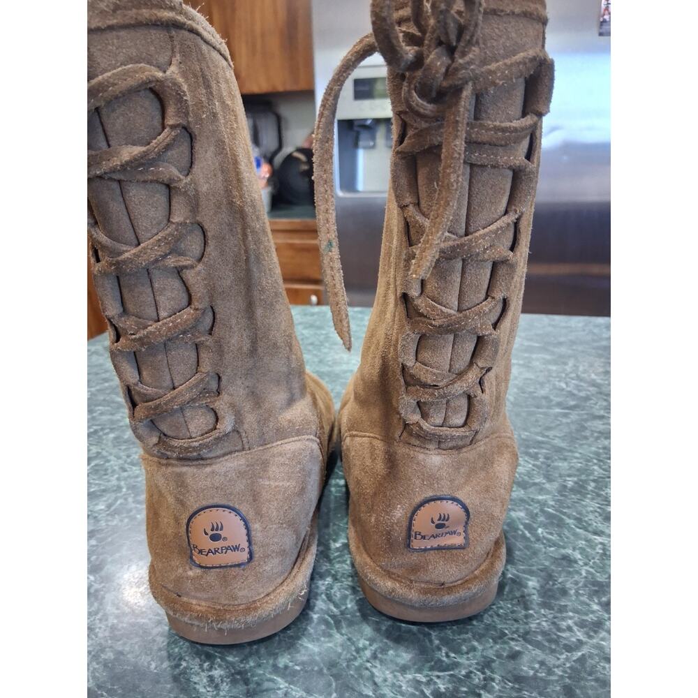 BEARPAW Boots Womens Laces Back 10" Suede Phyllis Brown Tan Sz 8 Boho Festival
